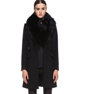 DVF Black Wool Coat with Rabbit Collar